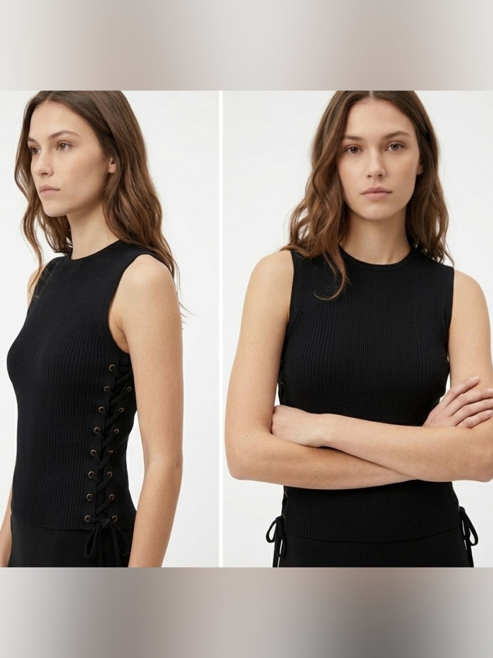 Zara Black Ribbed Knit Lace Up Side Sleeveless Top Size Large